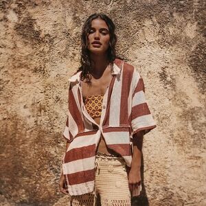 We The Free Billowy Del Mar Cabana Shirt, M, Brown Combo, NWOT